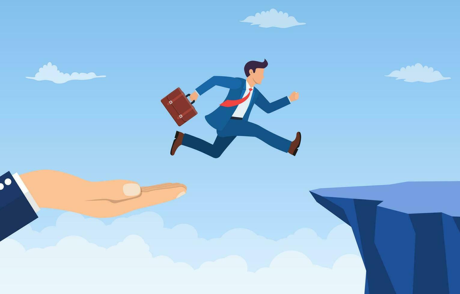 hand helping businessman jump through the gap in the rocks. an employee with a running jump from one cliff to another. the concept of business risk and success.Vector illustration in flat style. vector