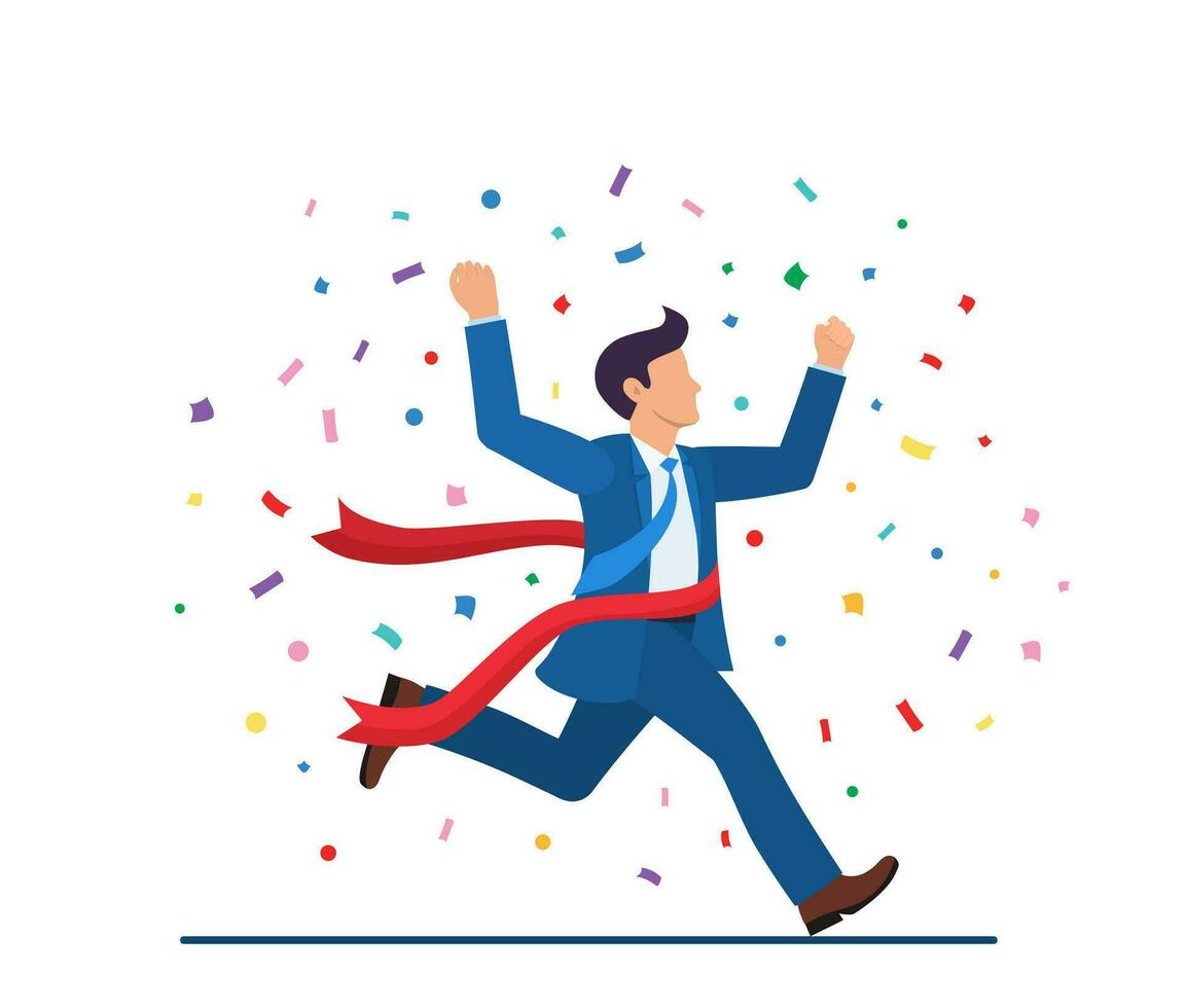 businessman crossing the finish line. Winner champion concept. Business leadership. Business Achievement. Successful Manager. Vector illustration in flat style.