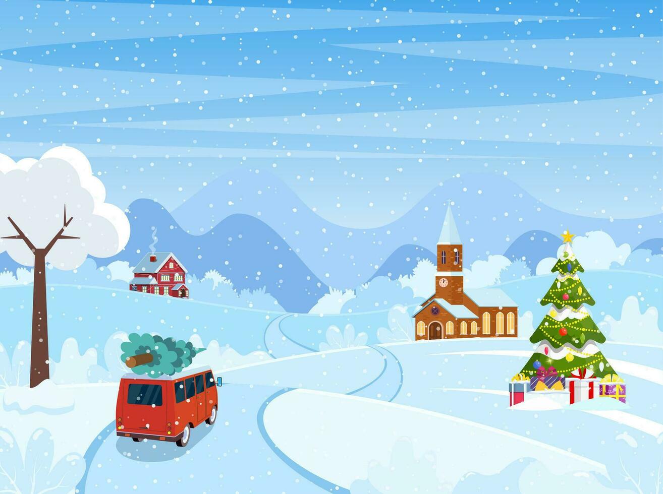 Car with christmas tree on the road. Christmas landscape background with snow and tree. Merry christmas holiday. New year and xmas celebration. Vector illustration in flat style