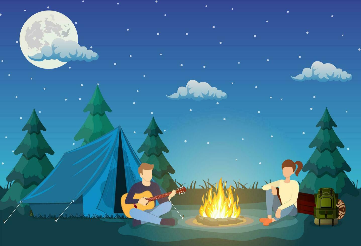 Group of young people are sitting around campfire. Young tourists, campers cartoon characters. Man playing guitar. Vector illustration in flat style