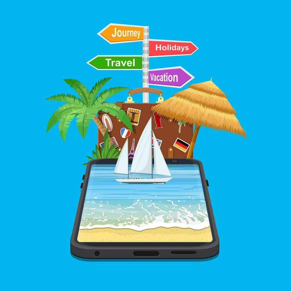 Online Holiday Travel Mobile App Concept. Suitable For Wallpaper, Banner, signpost vacation, travel, journey, holidays. Vector illustration in flat style