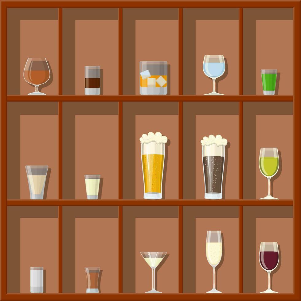 Alcohol drinks collection in glasses on shelves. Vodka champagne wine whiskey beer brandy tequila cognac liquor vermouth gin rum absinthe sambuca cider bourbon. Vector illustration in flat style