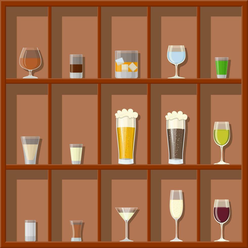 alcohol bebidas colección en lentes en estantes. vodka champán vino whisky cerveza brandy tequila coñac espíritu Vermut Ginebra Ron Ajenjo Sambuca sidra Borbón. vector ilustración en plano estilo