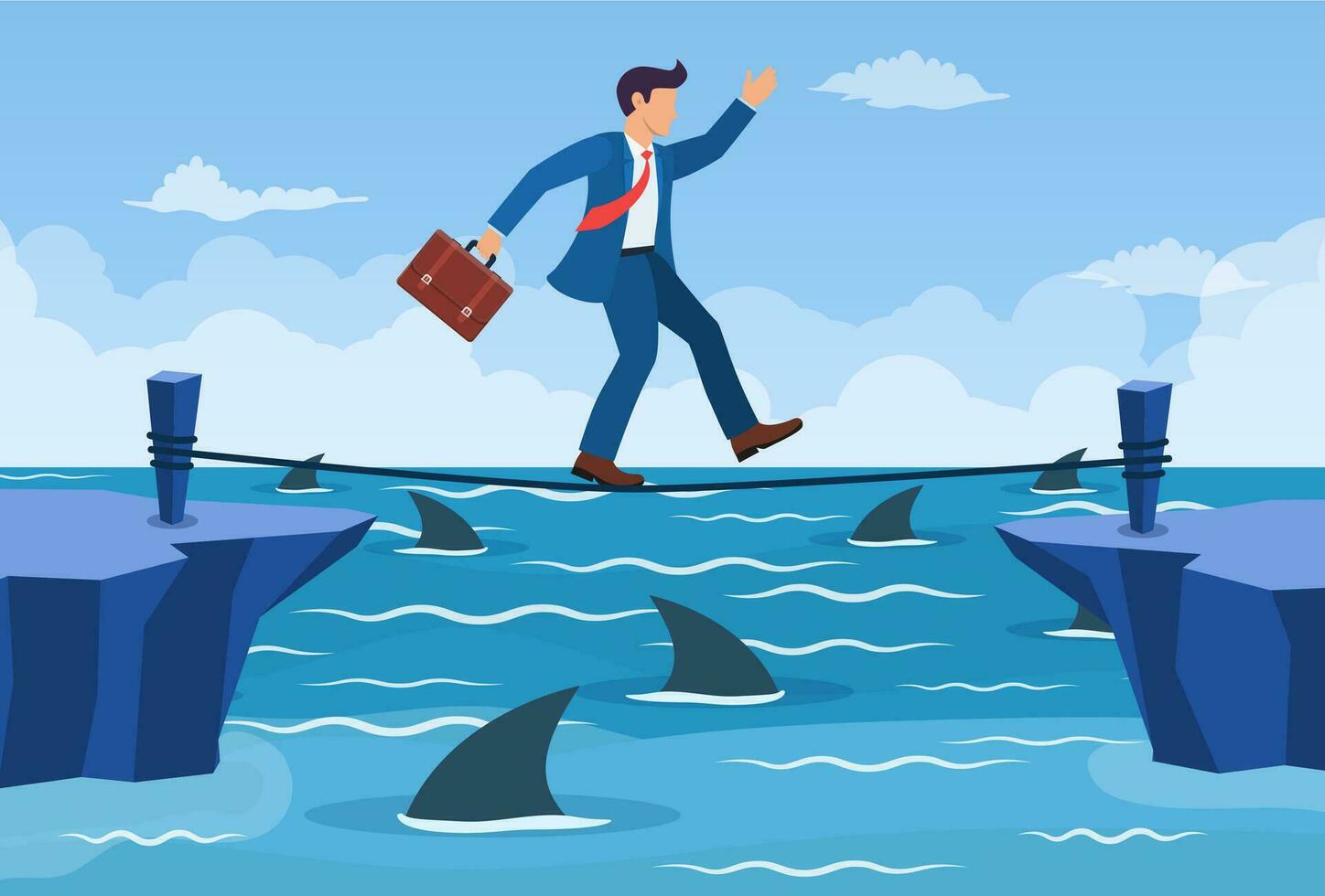 Businessman walking a tightrope over shark in water. Businessman walking on rope with briefcase. Obstacle on road, financial crisis. Risk management challenge. Vector illustration in flat style.