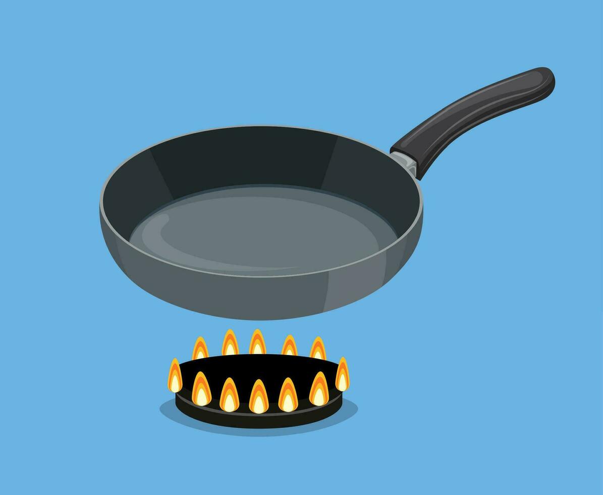 Pan on blue background. Empty Iron frying pan on high heat. Kitchen utensils for cooking food. Vector illustration in flat style.