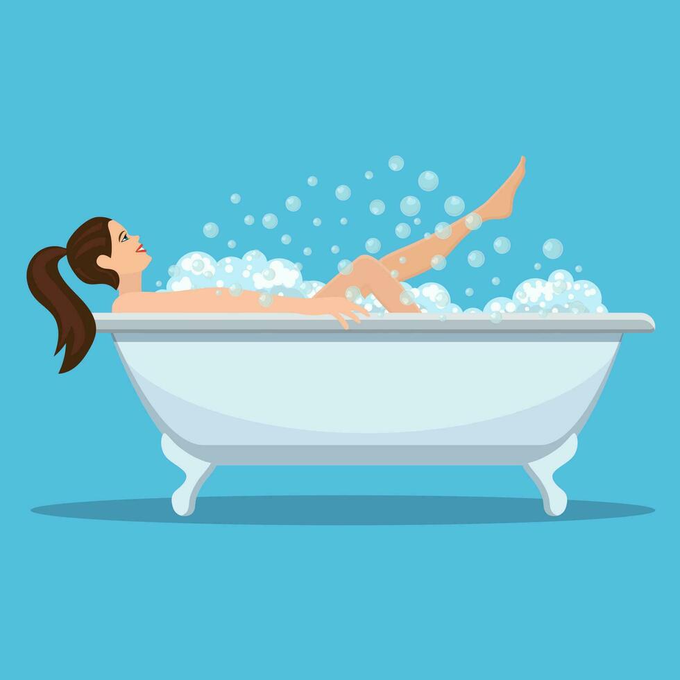 Woman taking a bath. Relaxing girl in bathroom. Vector illustration in flat style