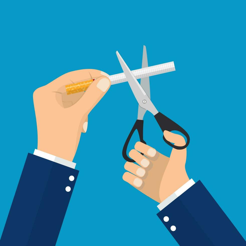man Hands holding scissors cut a cigarettes vector