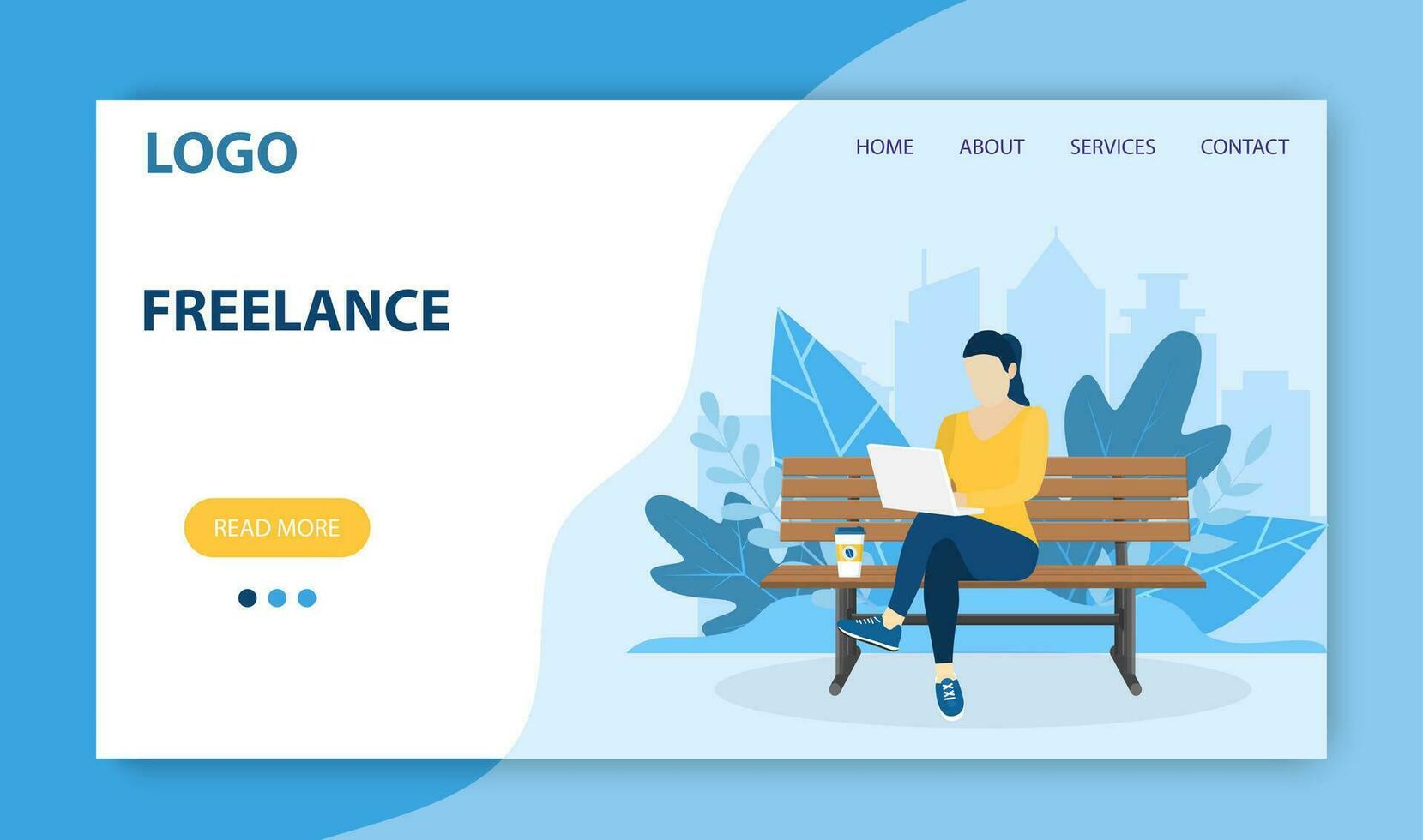 Freelance work landing page template. Concept design for poster, banner, flyer, web page. Woman with laptop sitting on the bench in nature with crossed legs. Vector illustration in flat style