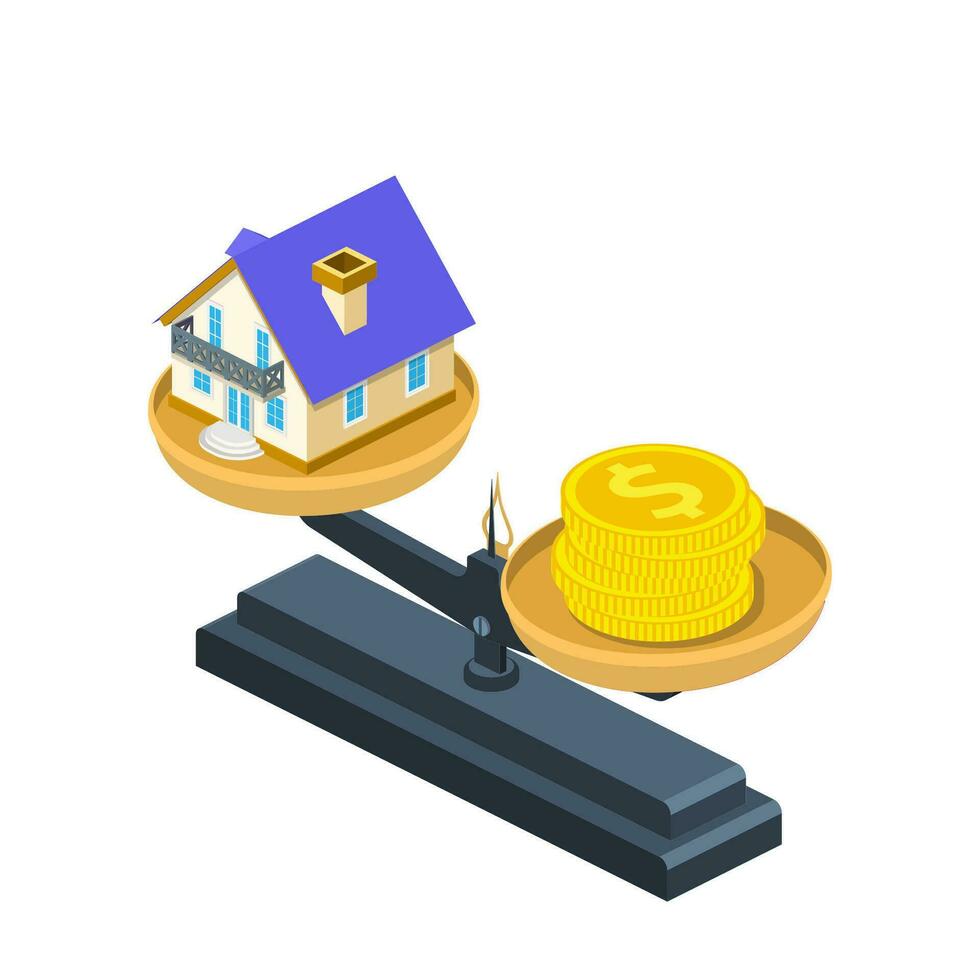 isométrica casa y oro dólar monedas en peso escamas. real bienes, precio, Finanzas y hogar concepto. rebaja compra alquilar hipoteca casa. vector ilustración en plano estilo.