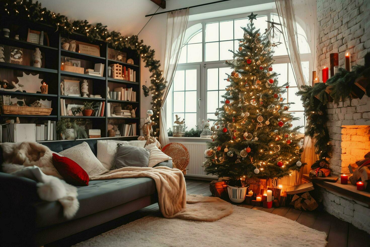 Cosy living room with beautiful christmas tree and red gifts in modern interior. Interior of living room decorated for merry christmas with socks, gift boxes and christmas accessories by AI Generated photo