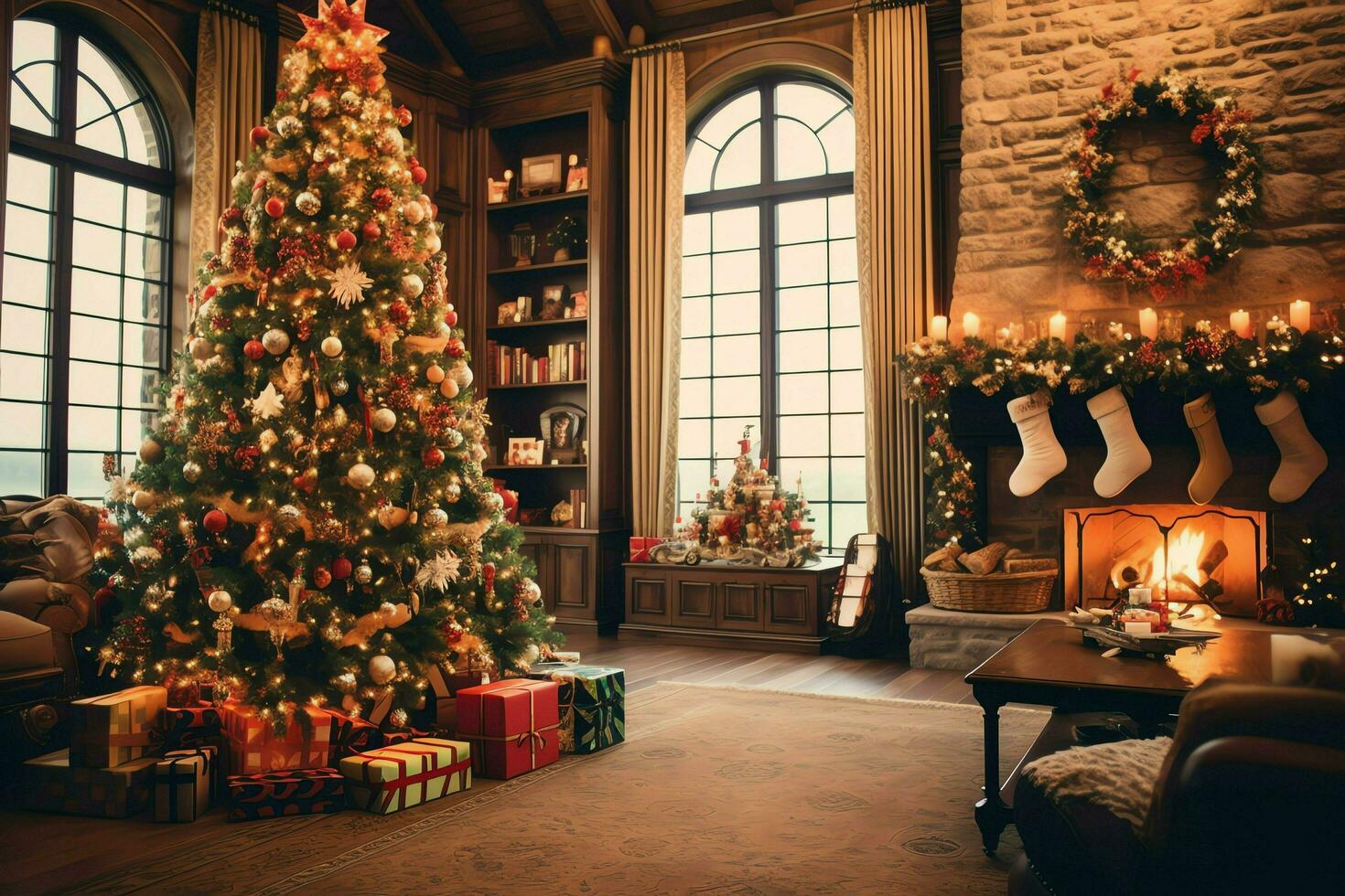 Cosy living room with beautiful christmas tree and red gifts in modern interior. Interior of living room decorated for merry christmas with socks, gift boxes and christmas accessories by AI Generated photo