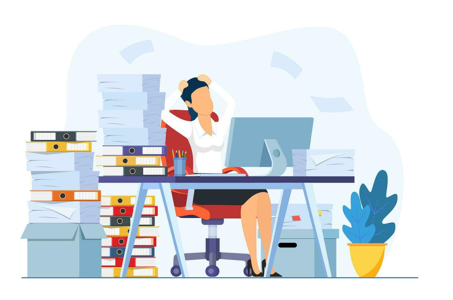 Tired and exasperated office worker is grabbed his head among piles of papers and documents. Stress in the office. Rush work. Vector illustration in flat style