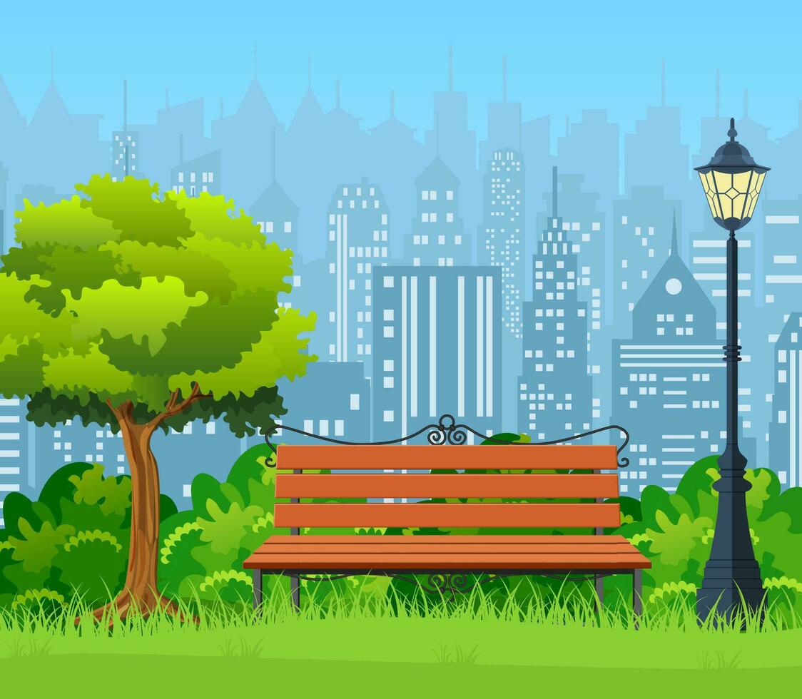 banco con árbol y linterna en el parque. vector ilustración en plano estilo