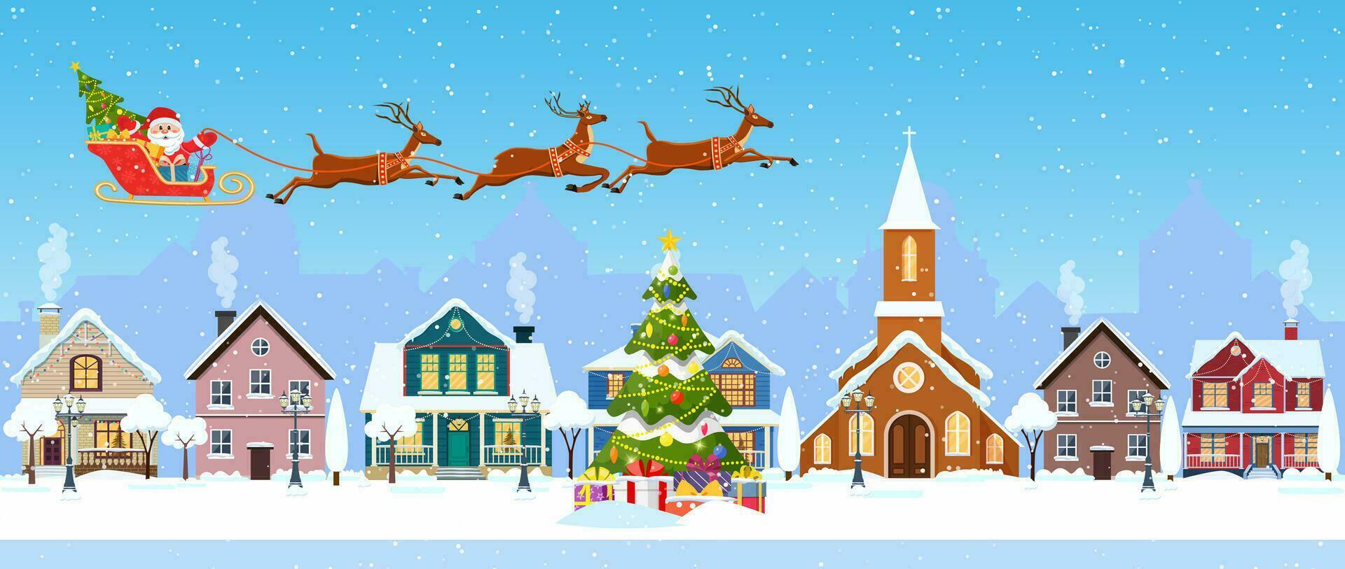 happy new year and merry Christmas winter old town street. christmas town city seamless border panorama. Santa Claus with deers in sky above the city. Vector illustration in flat style.