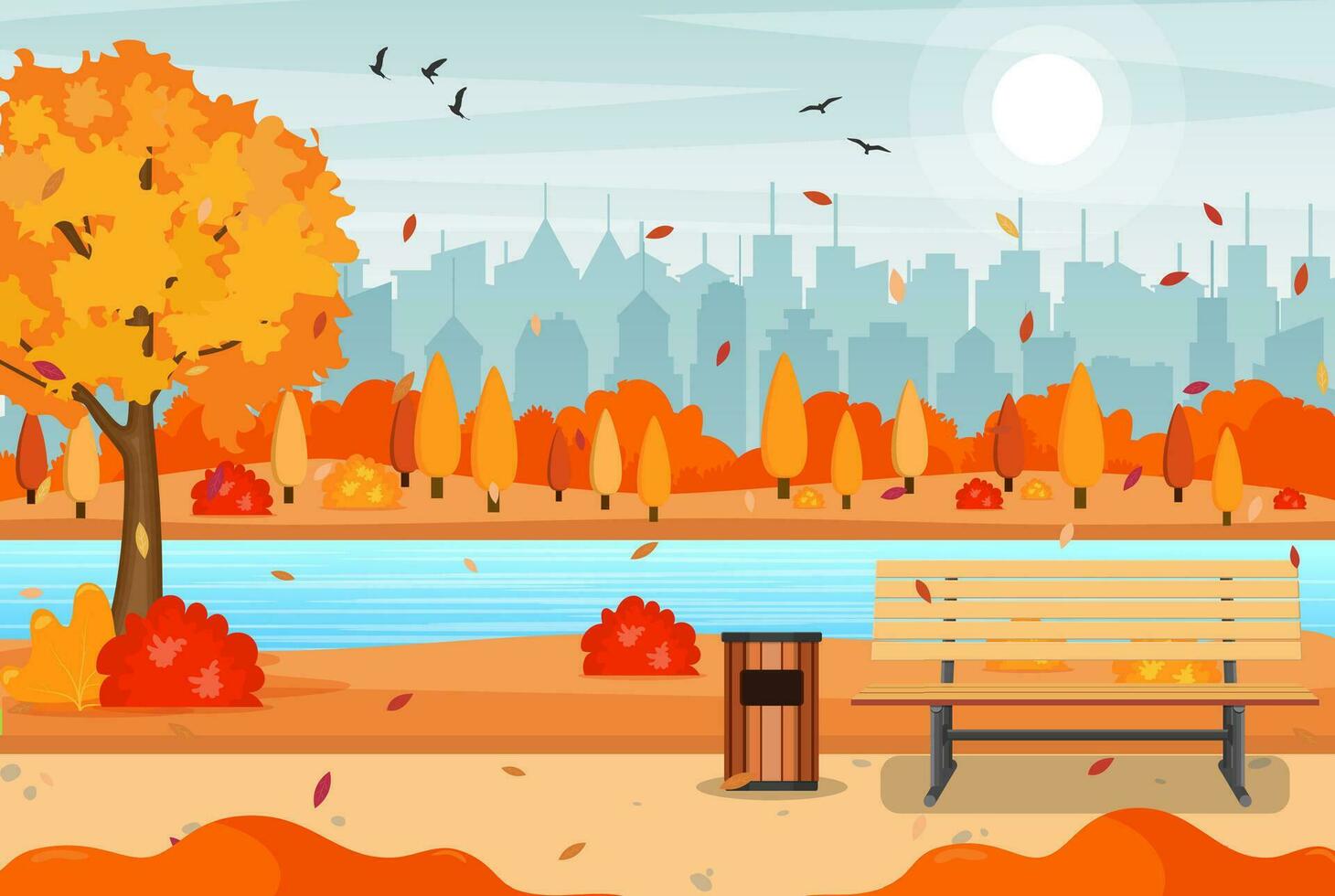 beautiful autumn city park with bench and town building background. Beautiful urban fall park for banner, poster, web. Vector illustration in flat style.