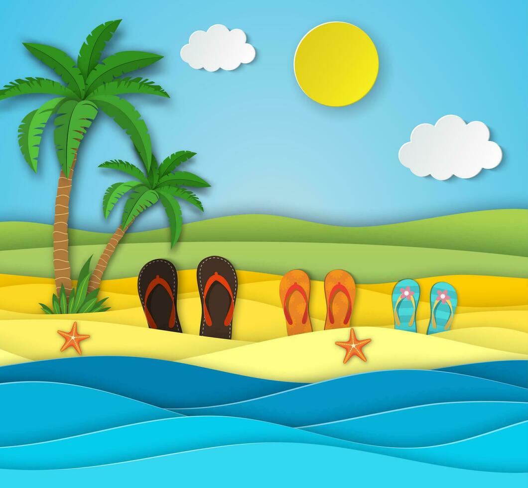 Sea landscape with beach, waves, clouds, Flipflops shoe. Paper cut out digital craft style. abstract blue sea and beach summer background with paper waves and seacoast. Vector illustration