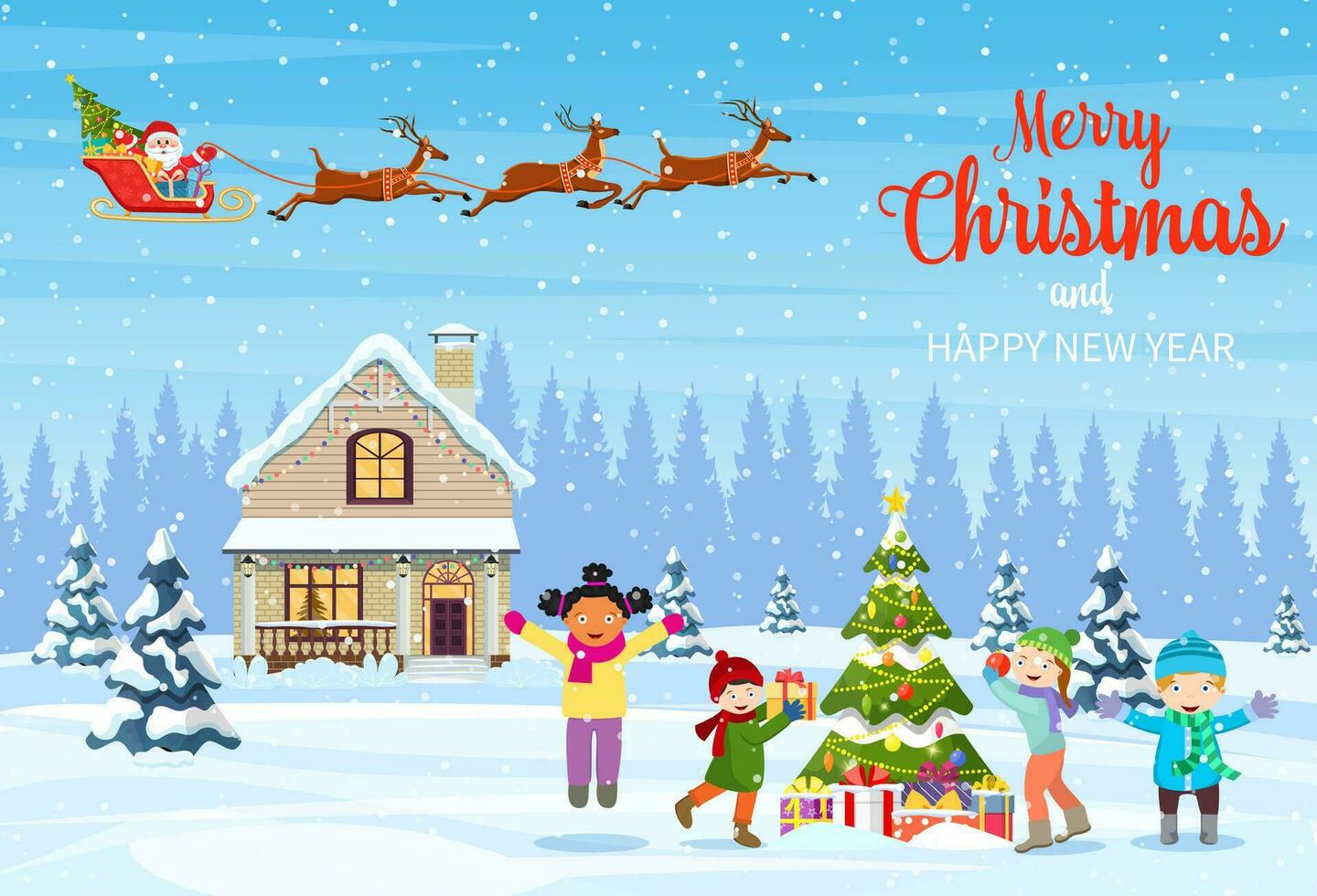 happy new year and merry Christmas greeting card. Christmas landscape. kids decorating a Christmas tree. Winter holidays. Santa Claus with deers in sky. Vector illustration in flat style