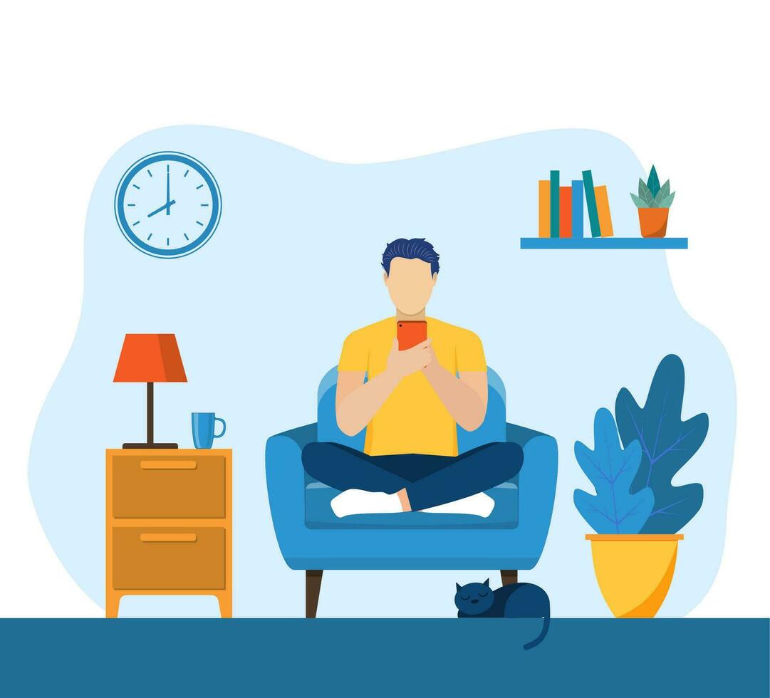 man using phone, sitting legs crossed on chair at home. man running remotely on freelance, job on smartphone, communicates through social networks. Vector illustration in flat style