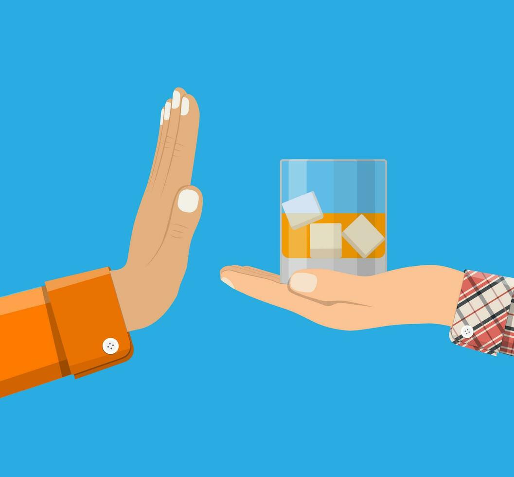 Alcohol abuse concept. Hand gives glass of whiskey to other hand. Stop alcoholism. Rejection. Vector illustration in flat style