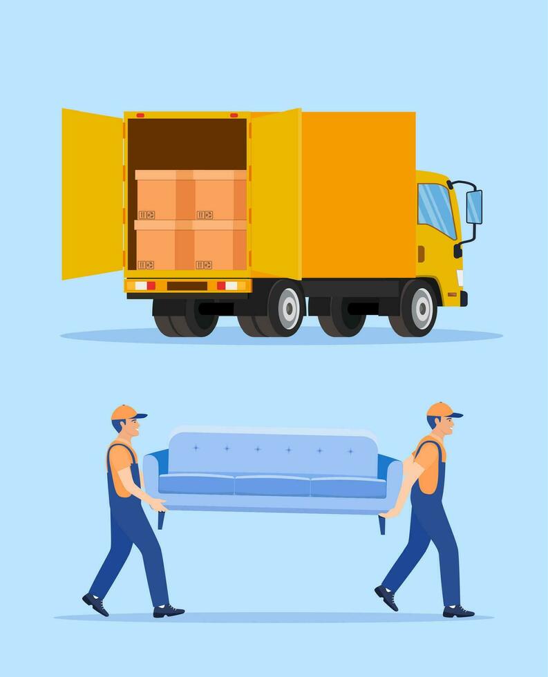 Delivery character man movers carry sofa. Moving company with loaders and furniture. Open delivery truck with furnitures and cardboard boxes. Vector illustration in flat style