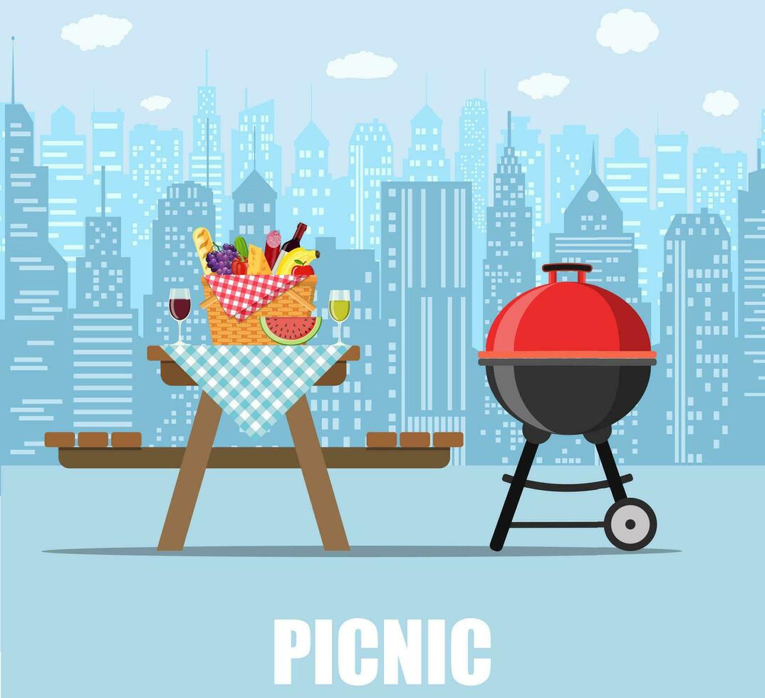 Summer picnic table on city background. Bbq grill, straw basket and food for outing on public park. Vector illustration in flat style