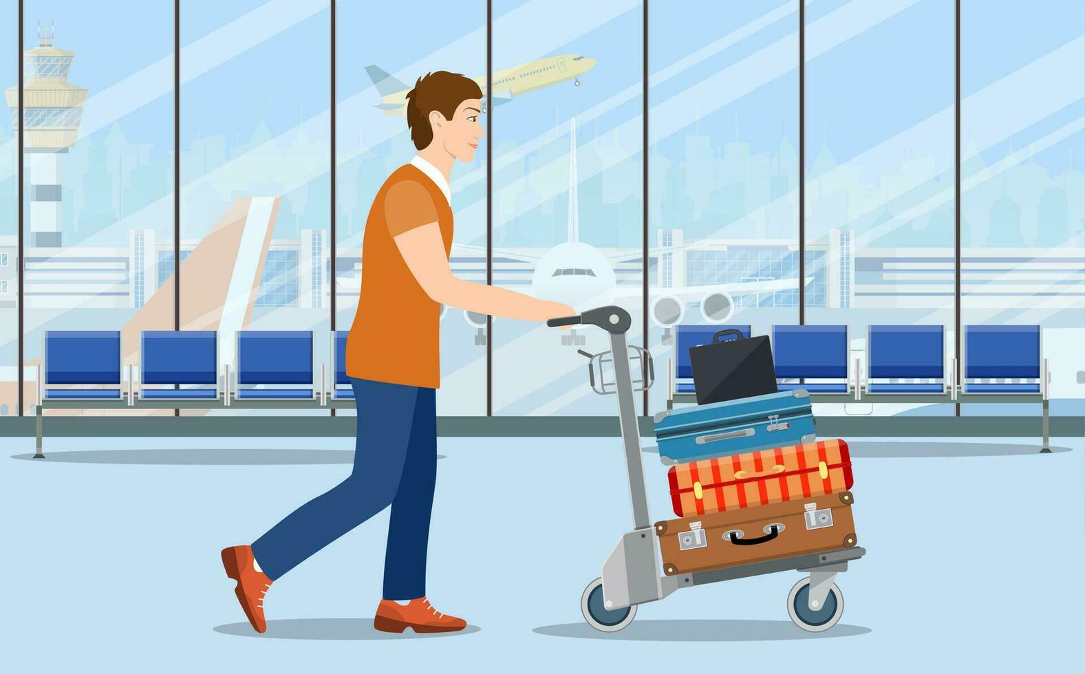 hombre con equipaje carretilla en aeropuerto. viaje concepto. vector ilustración en plano estilo