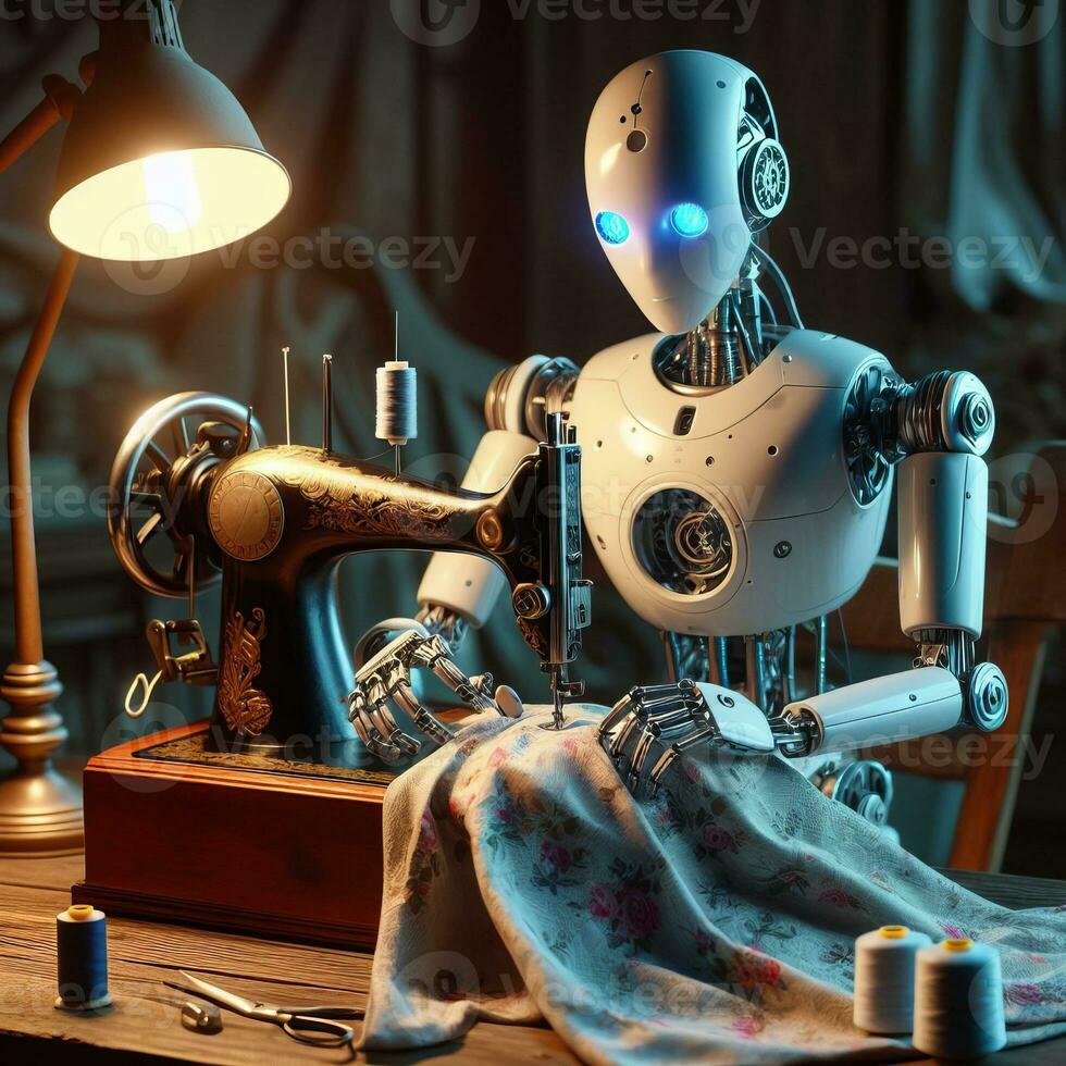 AI generated Humanoid robot sews on a retro sewing machine photo