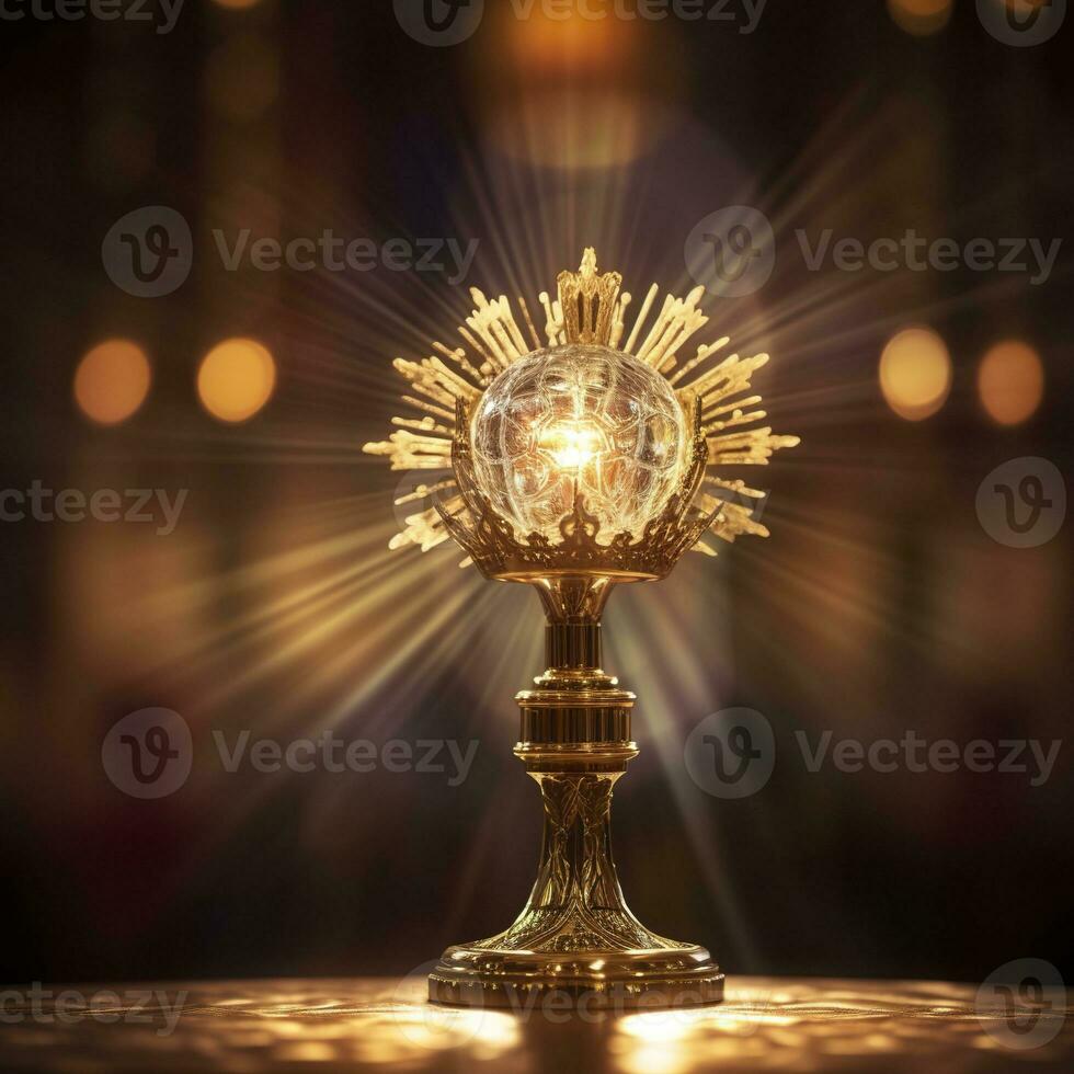 AI generated The golden monstrance with a little transparent crystal center, consecrated host. church defocused background. AI Generative photo