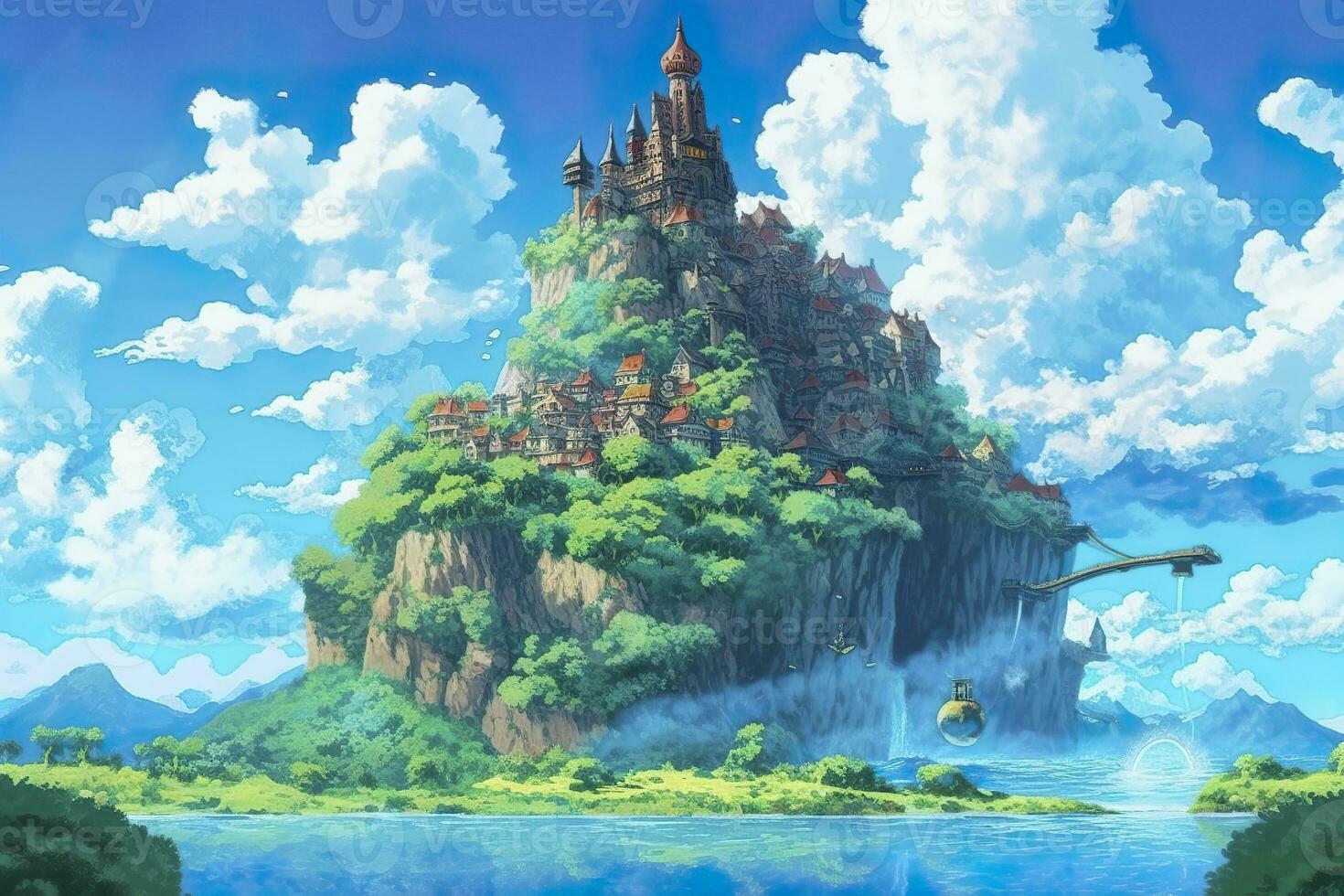 AI generated Ancient Heavenly Floating island in the sky with a castle, vibrant, fantasypunk, AI Generative photo