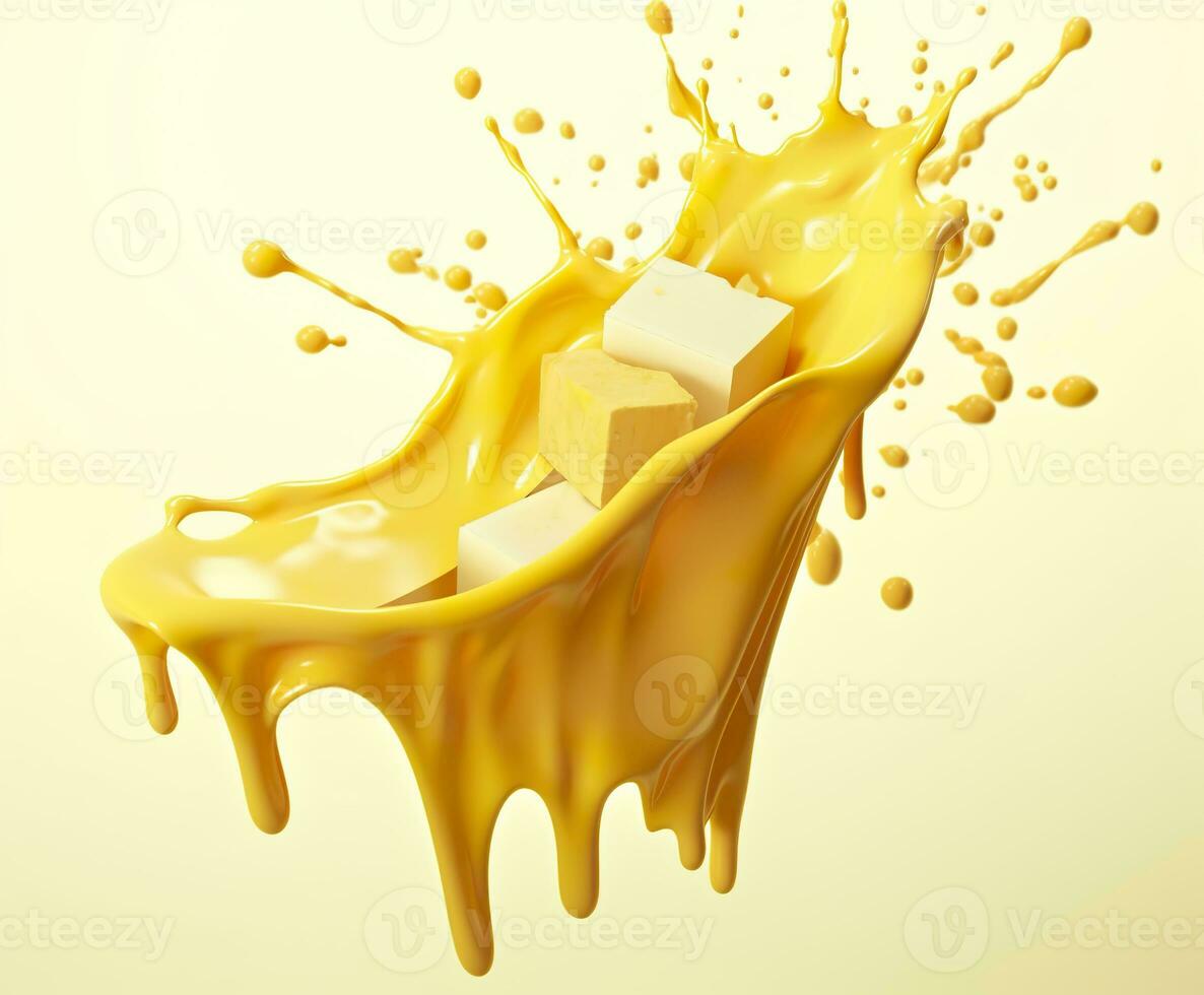 AI generated Cheese sauce splashing in the air with cheddar cheese, 3d rendering. Generative AI photo