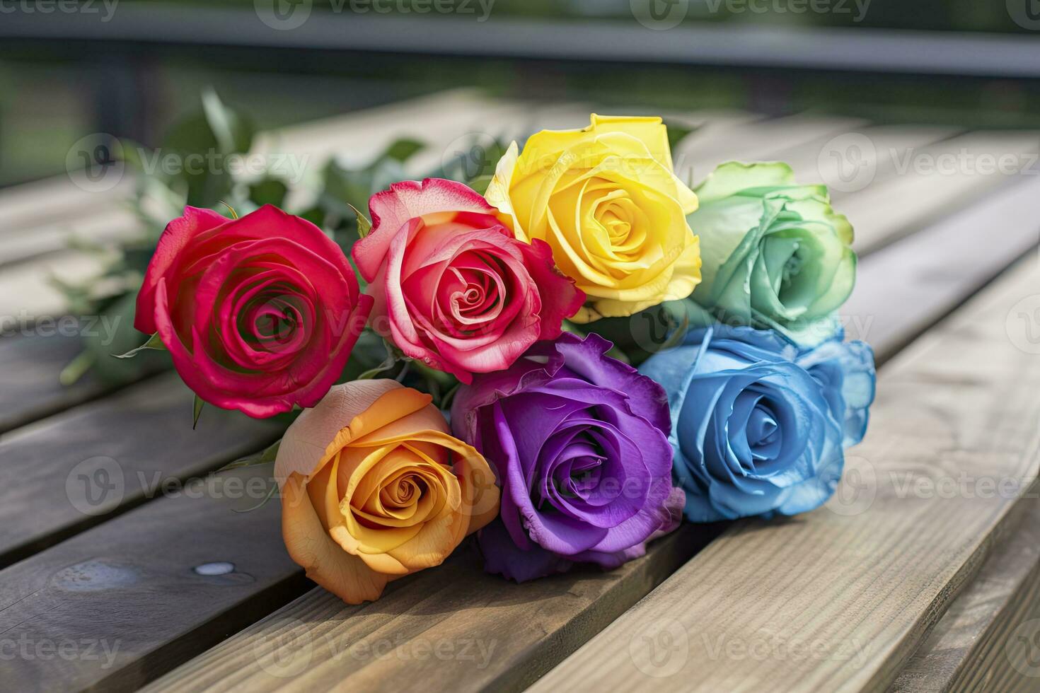 AI generated Bunch of multi colored roses on wooden planks, happy birthday lying on planks. AI Generated photo