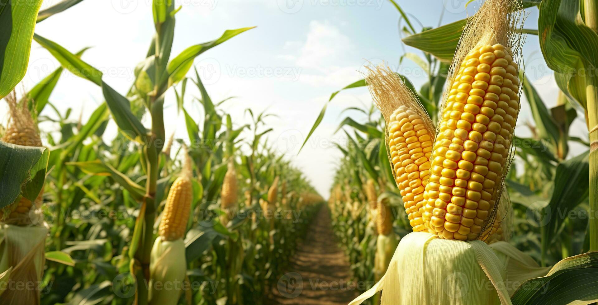 ai generado de cerca maíz mazorcas en maíz plantación campo. generativo ai foto