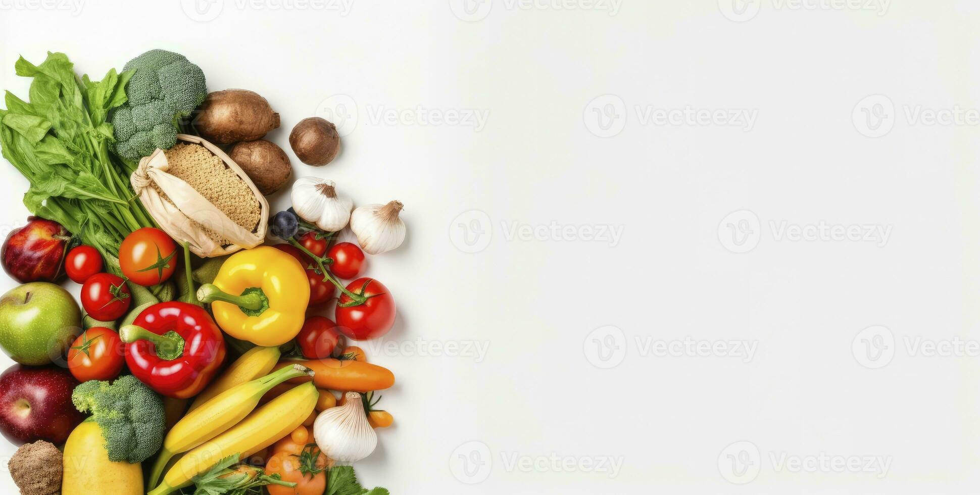 AI generated Healthy food in paper bag vegetables and fruits on white background. AI Generated photo