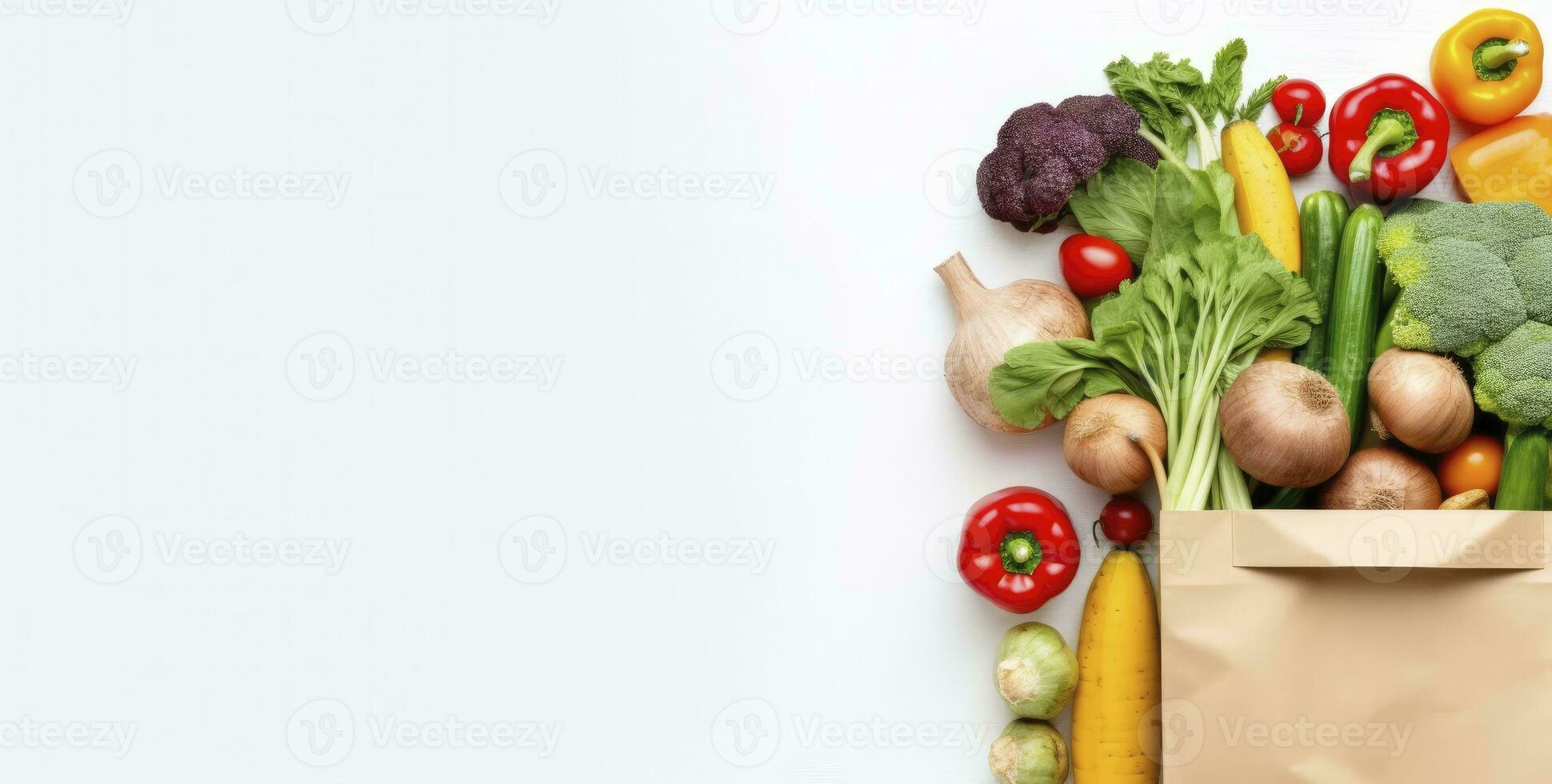 AI generated Healthy food in paper bag vegetables and fruits on white background. AI Generated photo