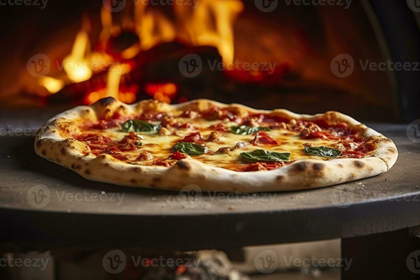 AI generated Freshly baked pizza closeup, traditional wood fired oven background. AI Generated photo
