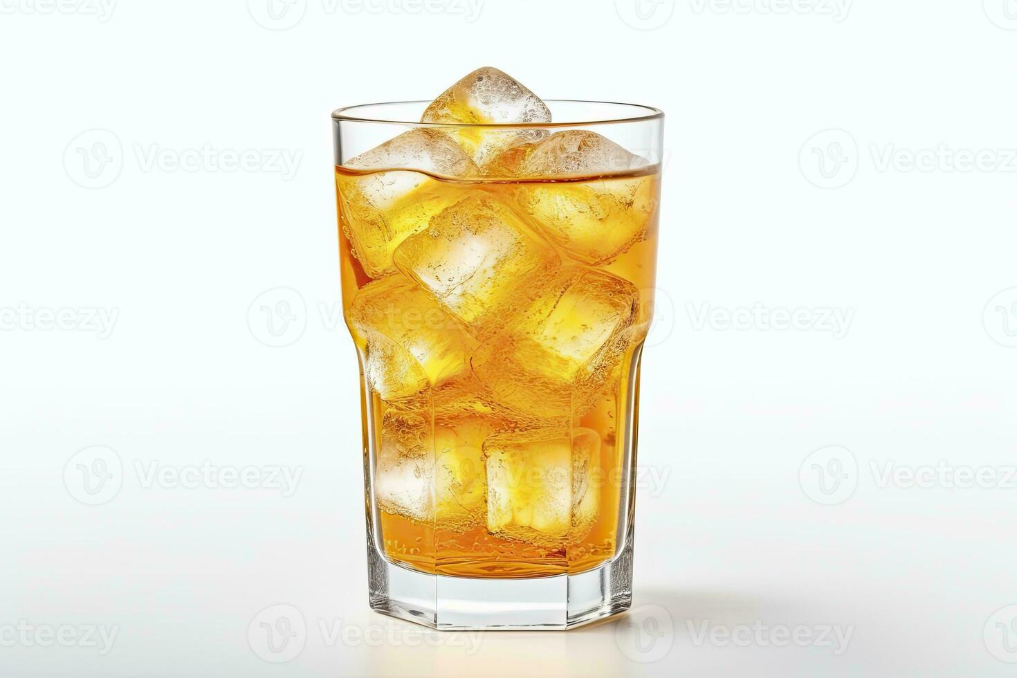 AI generated A glass of orange soda water with ice cubes on white background. AI Generated photo