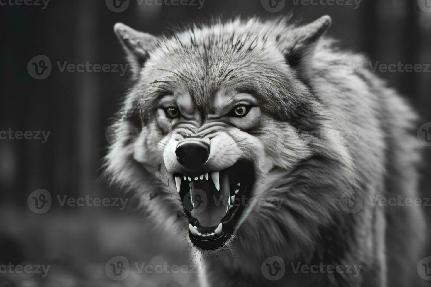 AI generated Greyscale closeup shot of an angry wolf with a blurred background. AI Generated photo