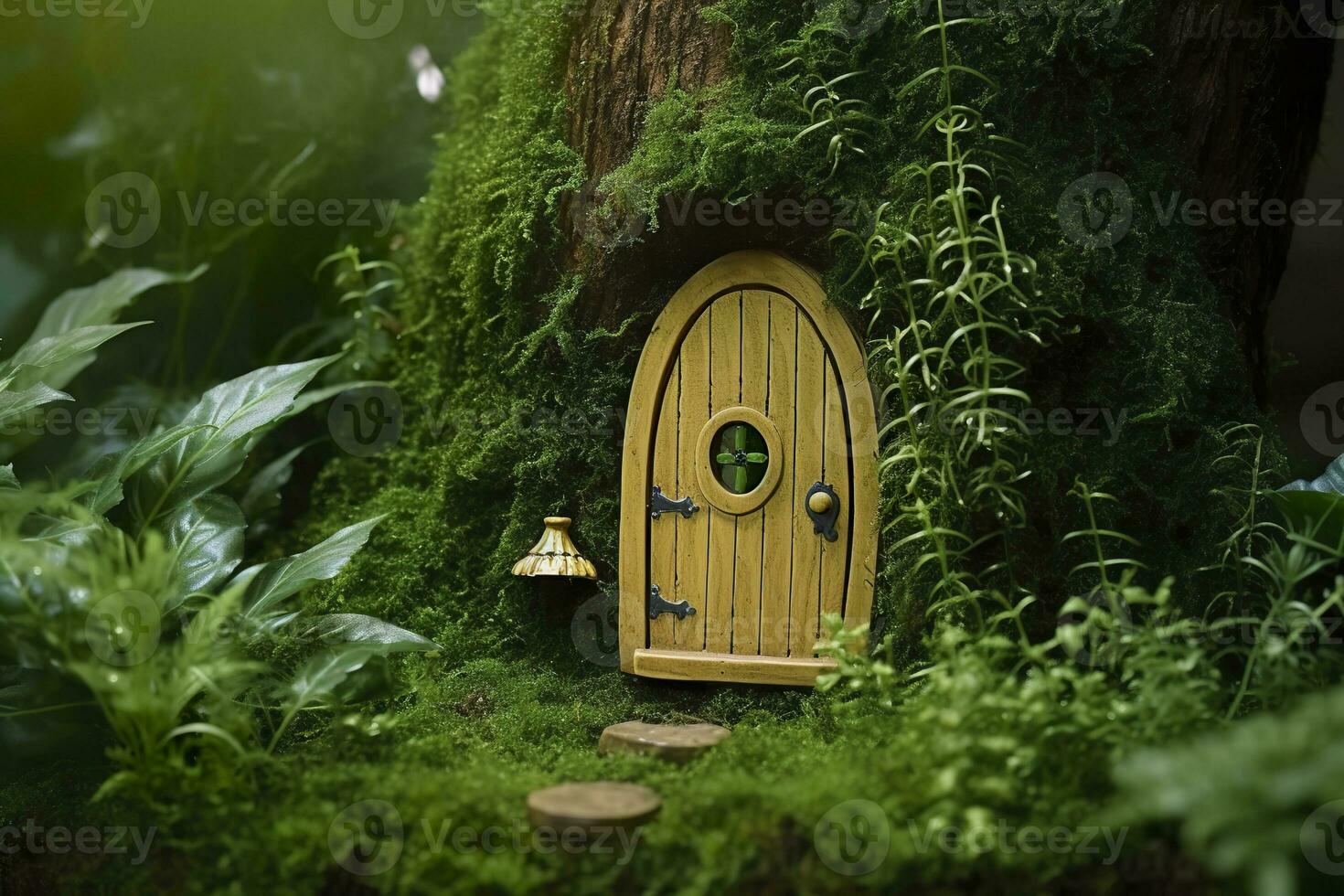 AI generated Little magic wooden fairy doors and plants leave on a mossy natural green background. AI Generated photo