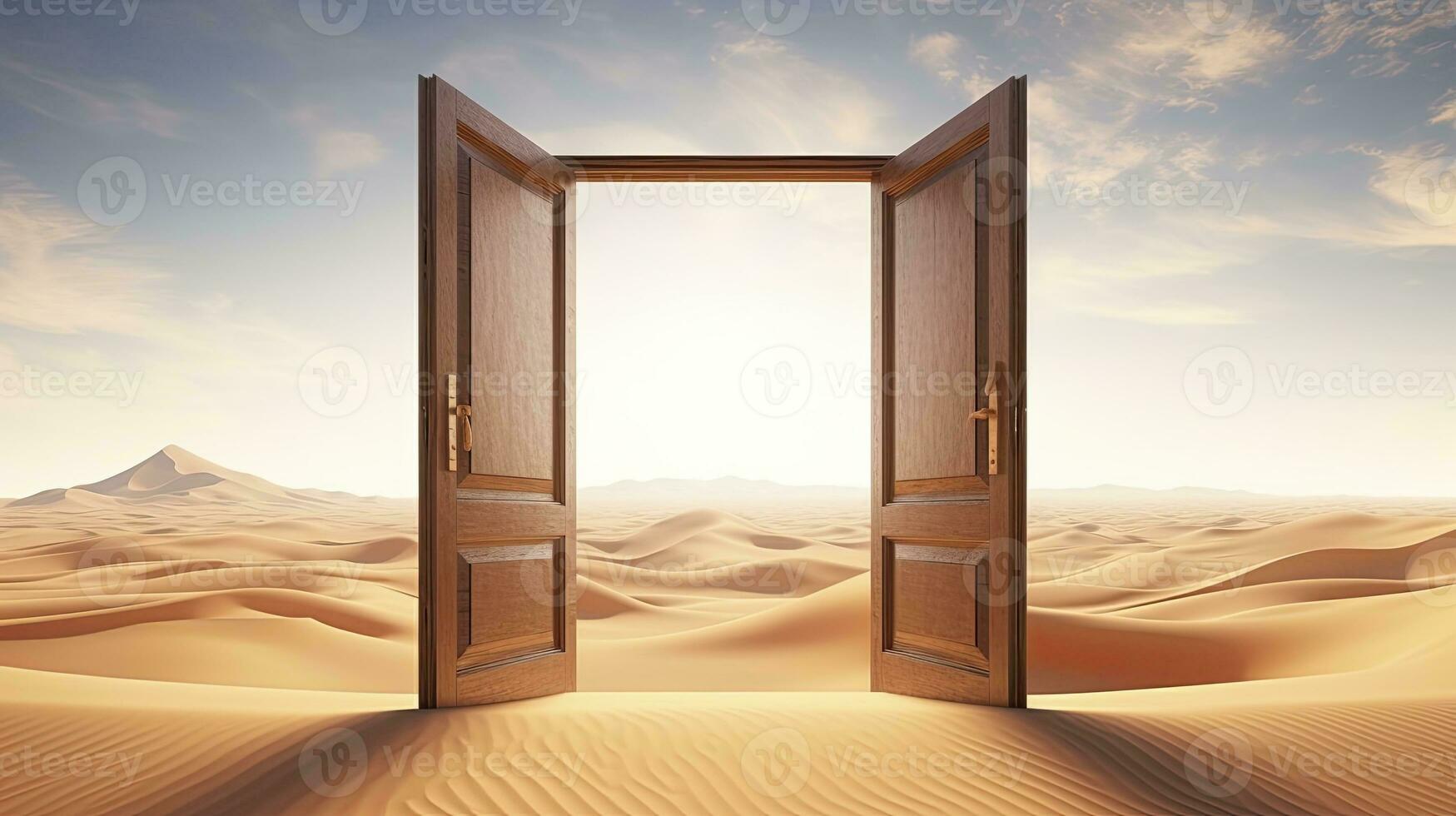 ai generado el abrió puerta en el desierto. desconocido y comienzo arriba concepto. ai generado. foto