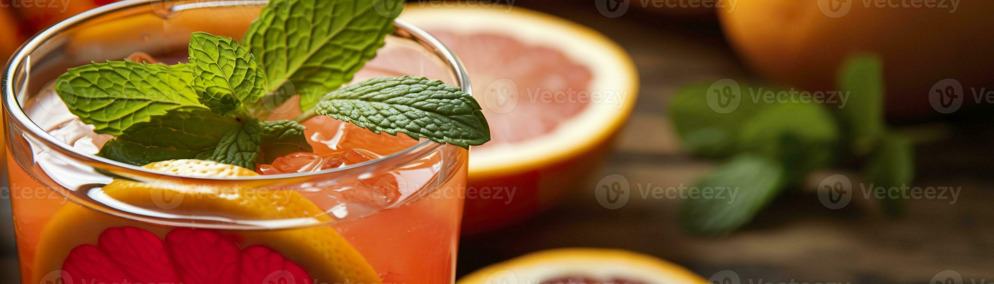 AI generated Red orange punch with green mint home made cocktail closeup on wood background. Generative AI photo