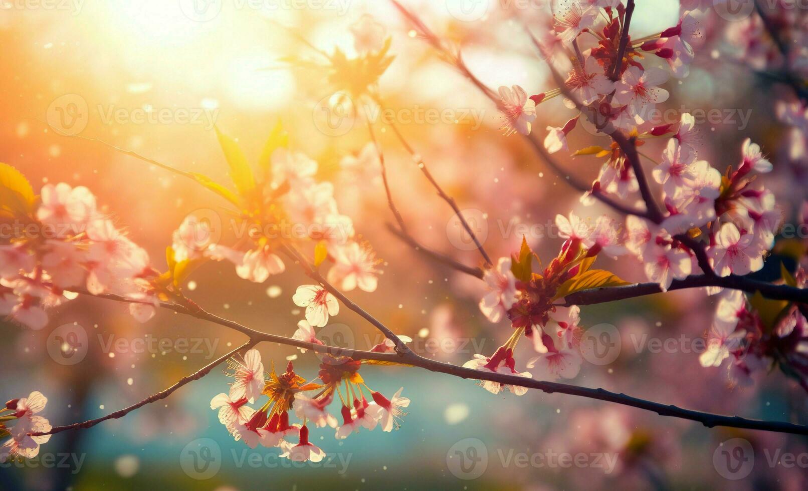 AI generated Spring blossom background. Nature scene with blooming tree and sun flare. Generative AI photo