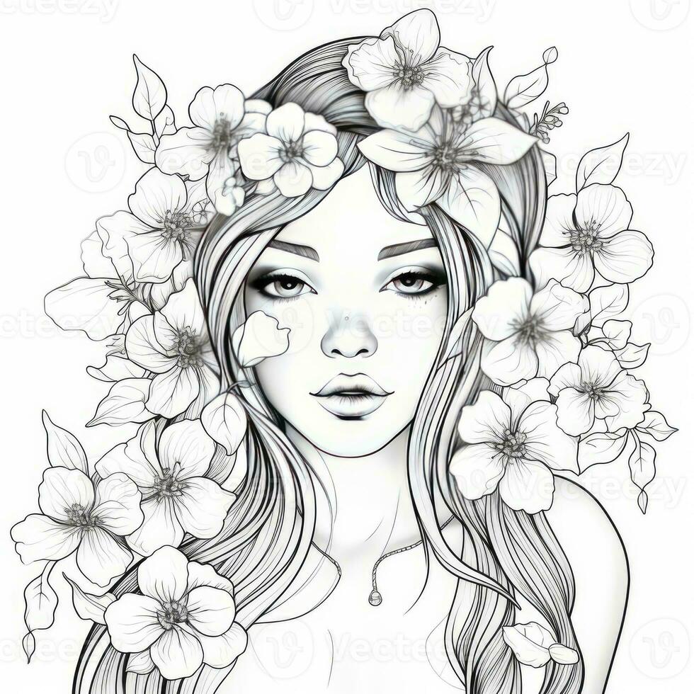AI generated A girl on a coloring book page with Jasmine flowers. AI Generated photo