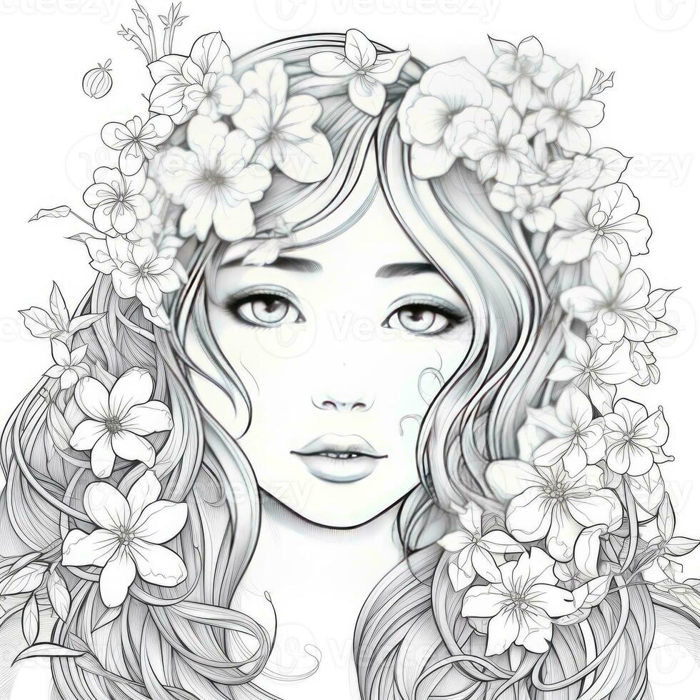 AI generated A girl on a coloring book page with Jasmine flowers. AI Generated photo