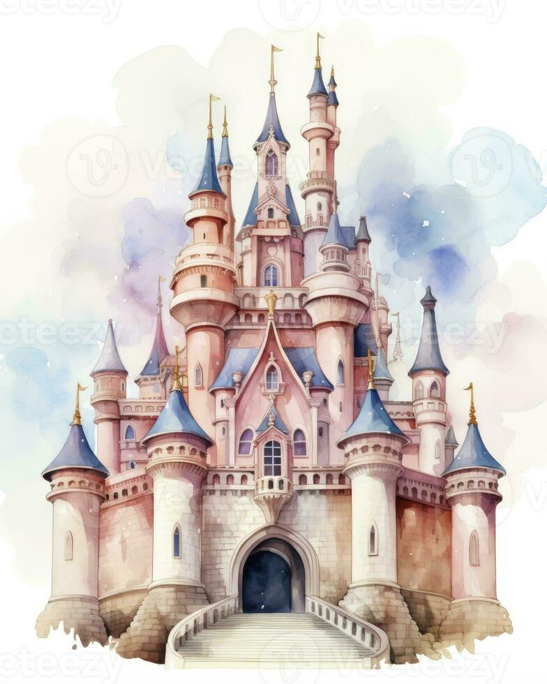 AI generated Colorful watercolor kawaii castle isolated on white background. AI Generated photo