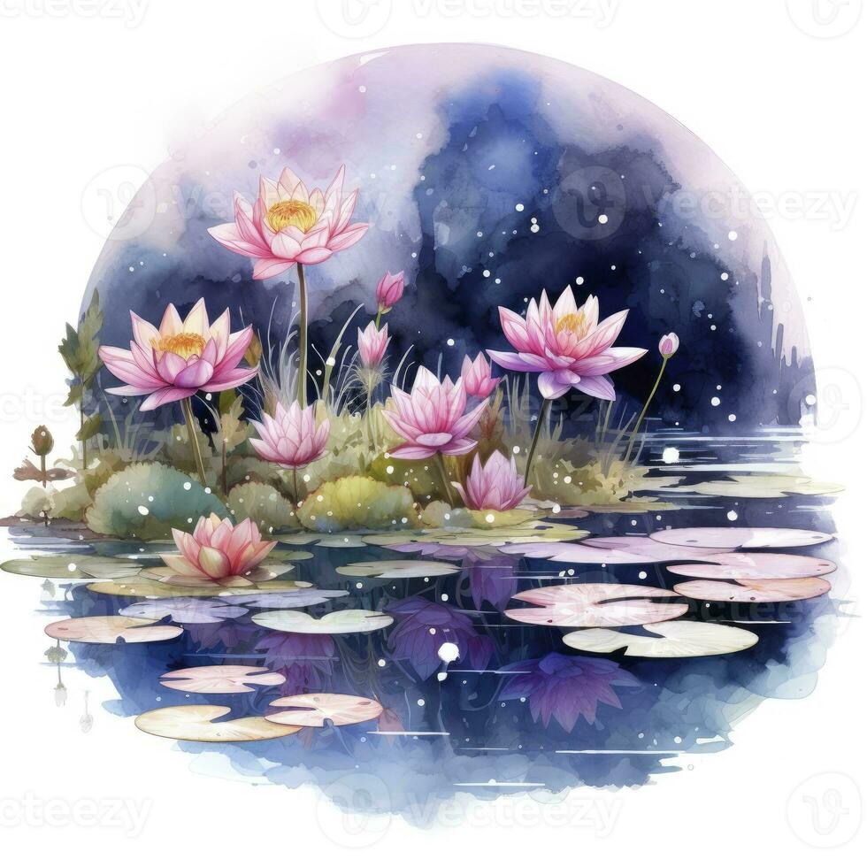 AI generated Floral Moon and Water Lilies on a white background. AI Generated photo