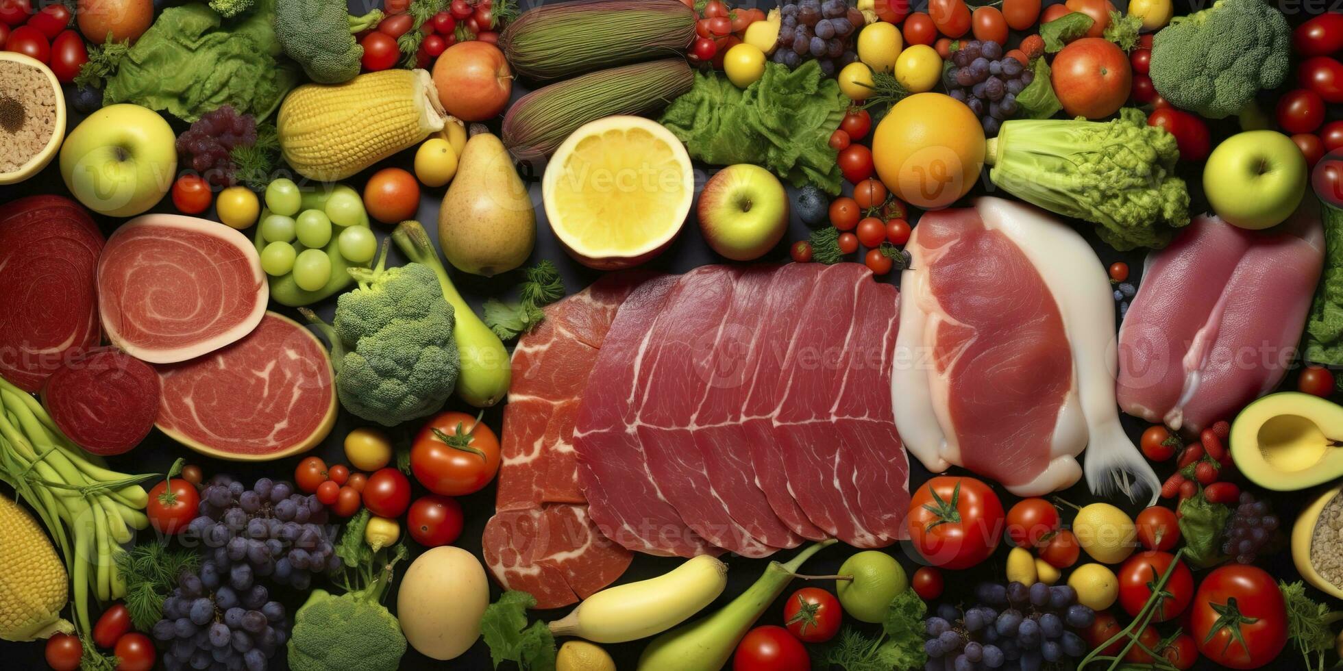 ai generado diferente tipos de carnes, verduras, y frutas laico en supermercados generativo ai foto