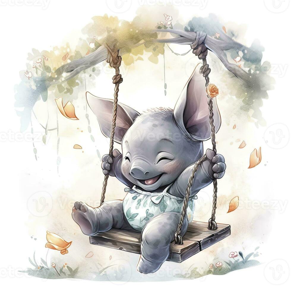 AI generated Cute happy baby rhino on swings in the tree in watercolor style. AI Generated photo