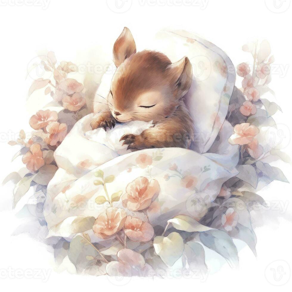 AI generated A sleepy baby squirrel in a bedding. watercolor illustration. AI Generated photo