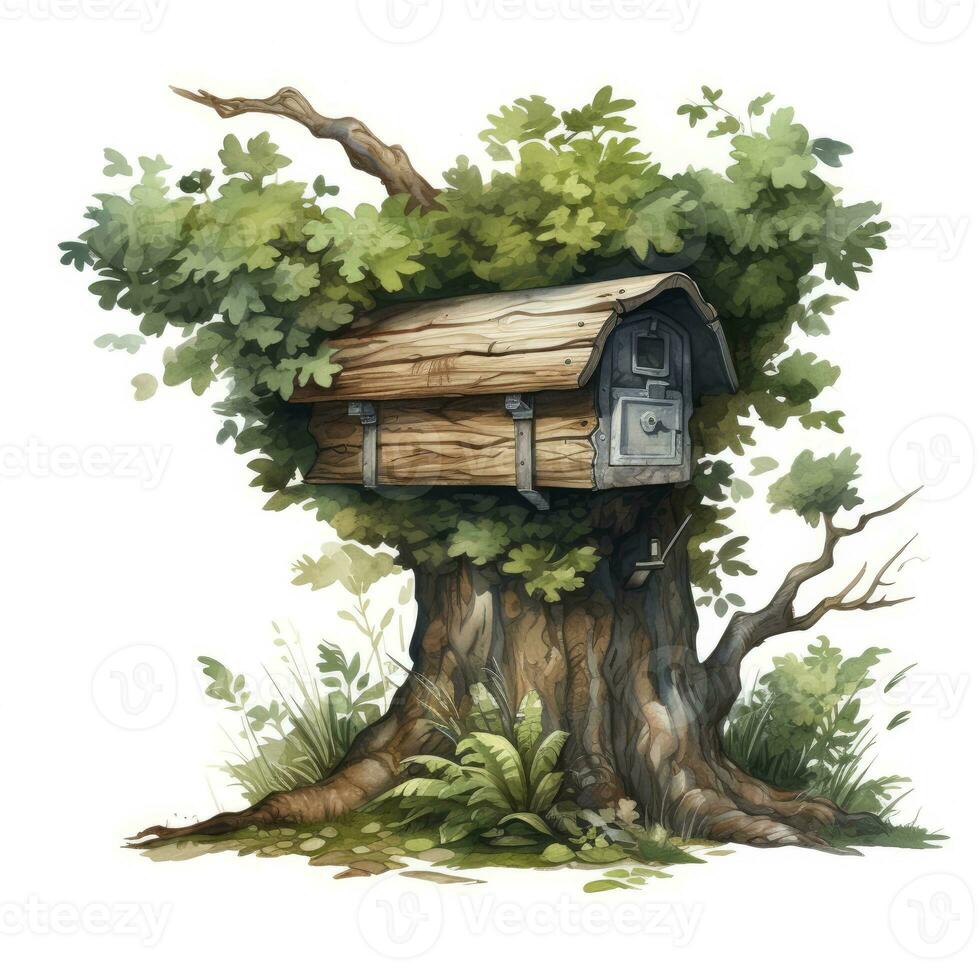 AI generated Watercolor mailbox in a tree on a white background. AI Generated photo