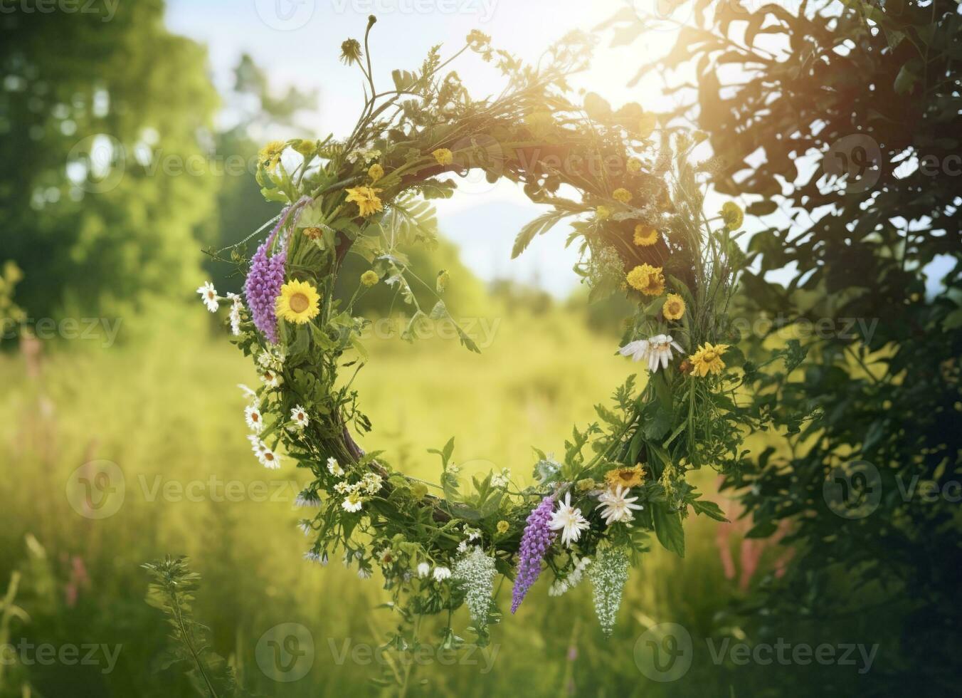 AI generated Rustic wildflowers wreath on a sunny meadow. Summer Solstice Day, Midsummer concept. Generative AI photo